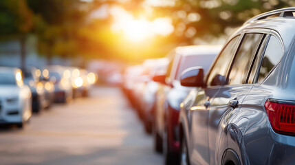 Naklejka premium Car parked at outdoor lot for sale and rental service, used automobile market, car insurance background, vehicle parking area, dealership and agent concept, automotive industry, de
