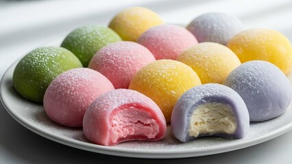 Assorted colorful mochi sweets displayed on a white plate