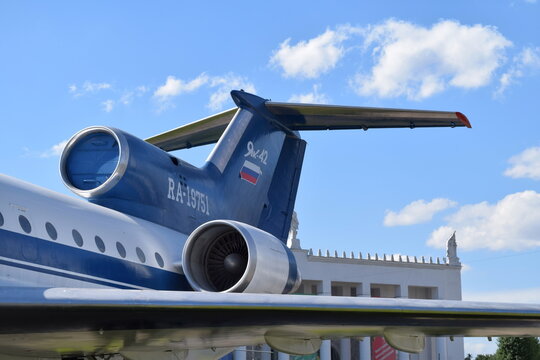 Yakovlev Yak-42 soviet passenger aircraft monument displayed at VDNKh exhibition center, Moscow, Russia, August 2015 