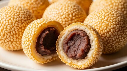 A close-up view of traditional chinese tangyuan with sweet red bean paste filling