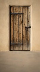 Rustic wooden door with iron hinges and latch set in adobe wall, weathered planks create authentic farmhouse entrance for interior design projects.