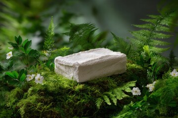 Eco-friendly beige soap on lush green moss with ferns and white flowers
