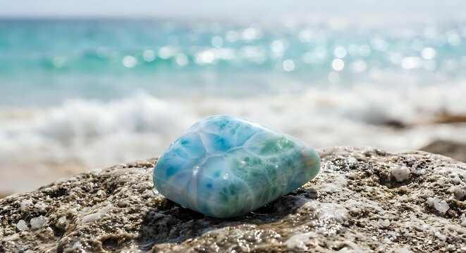 Turquoise larimar gemstone resting on sandy beach rock with blurred ocean waves in background. Natural healing crystal by tropical sea for wellness and meditation.