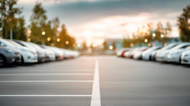 Photo of blurred car parking lot outdoor square with organized rows, empty space for text overlay, soft focus vehicle storage, commercial facility background, copywriting room, wit