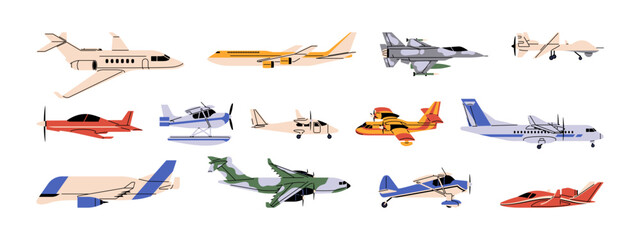 Different types of aircraft set. Passenger, cargo, military, supersonic, and crop duster planes. Various airplanes and aeroplanes. Air transport. Aviation. Flat isolated vector illustrations on white. © Paper Trident