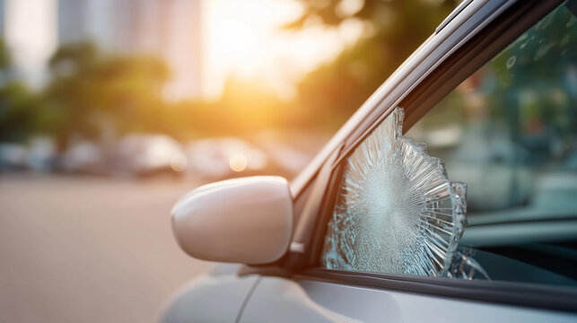 Damaged car window left unsecured in urban parking lot bathed in morning sunlight, vehicle security concern, auto damage documentation, insurance claim scene, crime prevention awar