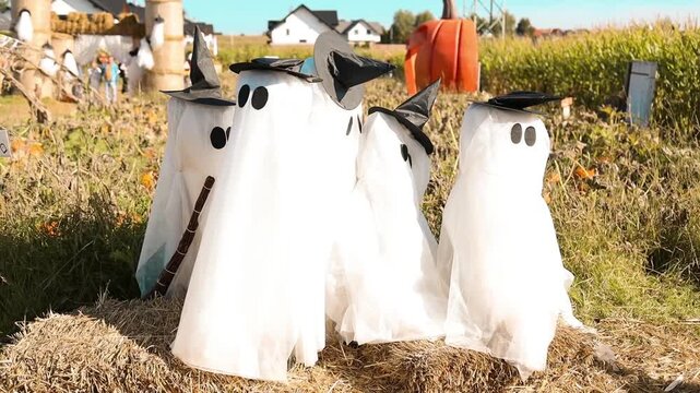 Ghost scarecrows made from white fabric standing on hay in rural field. Halloween decoration outdoors on farm during autumn day. Seasonal holiday background.