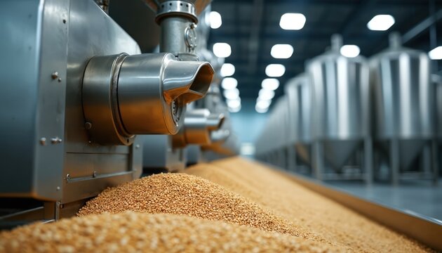 Industrial grain milling machine processes raw grain. Large metal tanks stand in background of factory floor. Close up on raw feed product after grinding operation. Automated food production.