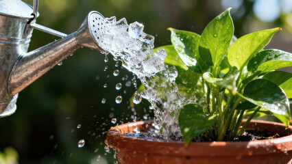 Watering Can Pouring Water on Green Plant