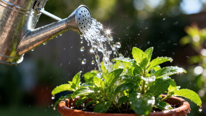 Watering Can Pouring Water on Green Plant