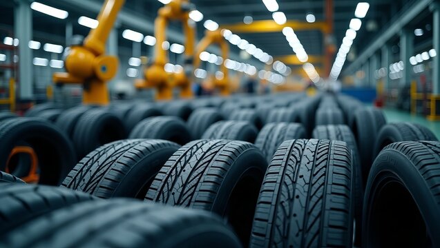 Tires lined up in an industrial factory setting with robotic machinery operating in the background view