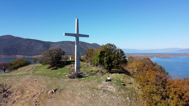 Prespa National Park 4K. Saint Achilleios Holy Cross. Amazing Greece