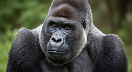 Obraz premium Majestic Silverback Gorilla Gazing Intently with CloseUp Portrait, and Forest Background.