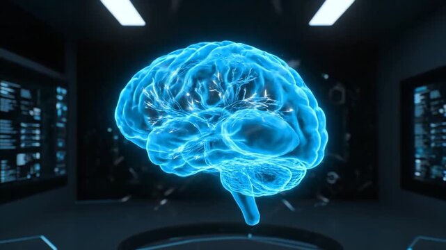A futuristic artificial intelligence brain glowing blue in a dark control room surrounded by computer screens and sleek machinery viewed from the front