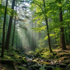 Obraz premium Sunbeams illuminate a dense woodland scene featuring a rocky, moss-covered stream winding through tall trees.