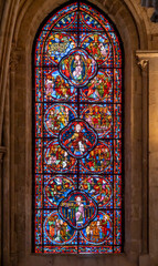 Bourges, France - 10 25 2025: Saint Stephen's Cathedral. Detail view of Stained glass window of the Legend of Saint Thomas