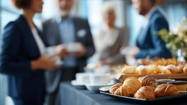 Networking coffee break at corporate event setting, participants mingling with elegant refreshments display, blurred focus on pastries and coffee cups arrangement, professional gat