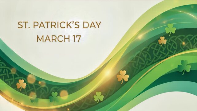 Animated green and gold wavy ribbons with Celtic knot patterns and floating shamrocks, displaying St. Patrick's Day March 17 text, visualizing Irish holiday celebration and spring event concept.
