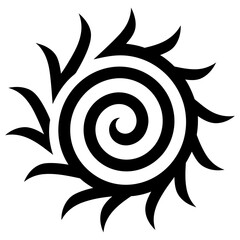 Black tribal sun tattoo vector design featuring a hypnotic central spiral and sharp curved rays radiating outward, isolated on white background for logo or decorative art