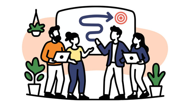 A group of people discussing and working together in a modern office setting