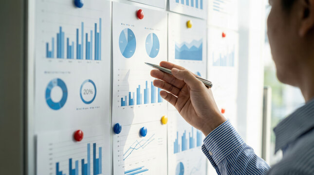 Close up of a businessman in action pointing at a statistic chart during a team data analysis meeting.