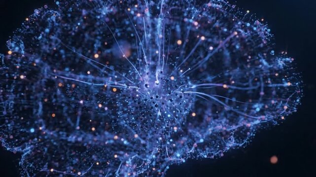 A futuristic representation of artificial intelligence with a complex network of interconnected nodes and pathways, forming a brain-like structure in a dark environment.