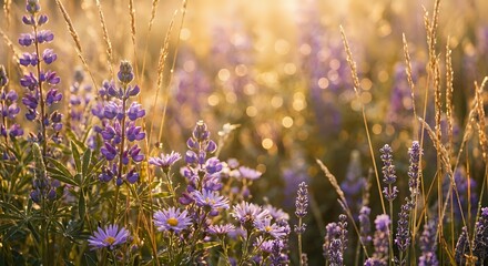 Obraz premium Purple wildflowers and lupines in golden sunset light with warm bokeh background creating dreamy meadow atmosphere for nature photography projects.