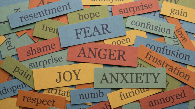 Colorful paper slips displaying a human emotion word like fear to represent the chaotic state of the mind.