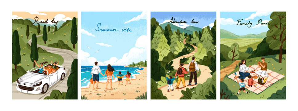 Happy family travels together set. Parents and children have a picnic in park, fun in road trip and on beach of sea resort. People with kids are hiking in nature, trekking. Flat vector illustrations.