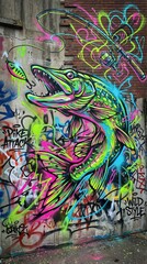 Fototapeta premium Colorful graffiti mural featuring a pike fish attacking a lure with a fishing rod. Urban street art for fishing and outdoor events.