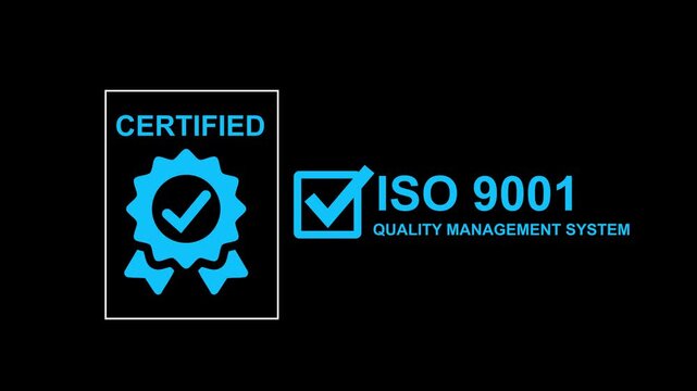 ISO 9001 Quality Management System certified badge icon on black background, representing international quality standards, certification, compliance, and business excellence