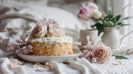 Italian cream cake styled with fresh flowers nearby, romantic celebration aesthetic