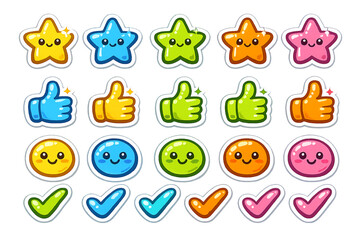 Cute Kawaii Rating Icons Vector Set - Smiling Stars, Thumbs Up Likes, Happy Emojis, and Checkmarks in Vibrant Colors for UI, Apps, Games, and Positive Feedback Design Elements. © MinhajulIslam
