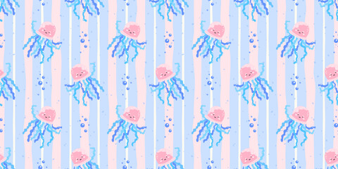 Vector Seamless pattern with cute jellyfish and coral. Playful underwater design in soft tones, perfect for kids textiles, wrapping, and marine-themed deco © alia.kurianova