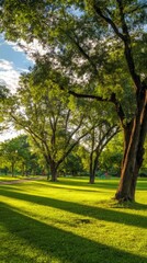 Fototapeta premium hour. Serene park landscape bathed in golden hour light, highlighting nature's tranquility. travel magazines, destination branding, designed for travel destination branding, used by motion designers. 