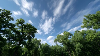 Obraz premium Wispy clouds streak across a bright blue sky above a lush green forest canopy captured with a sense of motion