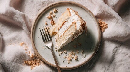 Overhead flat lay of Italian cream cake slice on ceramic plate, fork resting beside, crumbs scattered naturally, pale linen background, clean editorial dessert styling