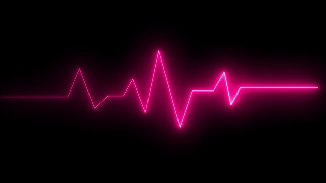 Glowing blue ECG heartbeat line on a black background, forming a minimal neon pulse waveform. The luminous electrocardiogram signal represents life, health monitoring, medical technology