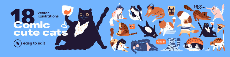 Set of cute comic cats in different funny poses. Various kitties play, sit, stretch and scratch. Naughty domestic animals. Adorable pets have fun. Flat isolated hand drawn vector illustrations. © Paper Trident