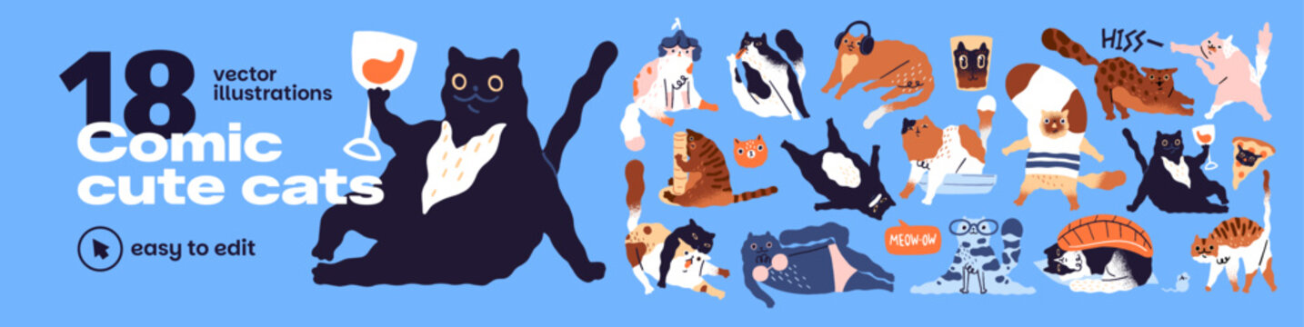 Set of cute comic cats in different funny poses. Various kitties play, sit, stretch and scratch. Naughty domestic animals. Adorable pets have fun. Flat isolated hand drawn vector illustrations.