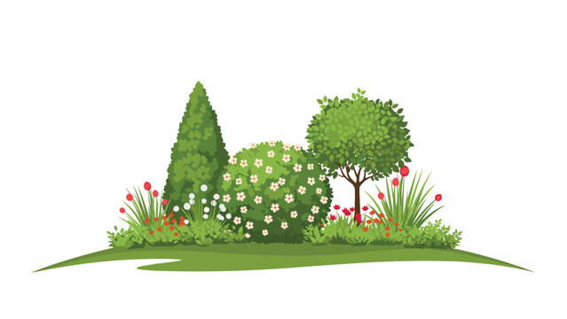 Selection of meticulously manicured garden shrubs decorative trees and colorful flower beds arranged on a green grassy lawn area.