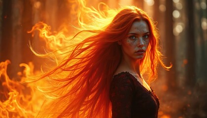 Naklejka premium Woman with long red hair stands against backdrop of flames, smoke. Fiery mane cascades around, illuminated by intense orange light. Wears dark, ornate dress. Forest setting with bokeh lights adds