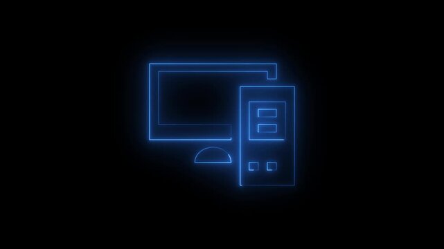 Neon Blue Desktop Computer Icon Animation on Black Background. Glowing monitor and CPU tower symbol representing personal computer, workstation, and digital technology concept. 4k video