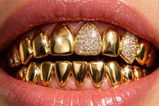 Close-up of glossy lips revealing gold and diamond dental grills on upper and lower teeth, gleaming with bright sparkles.