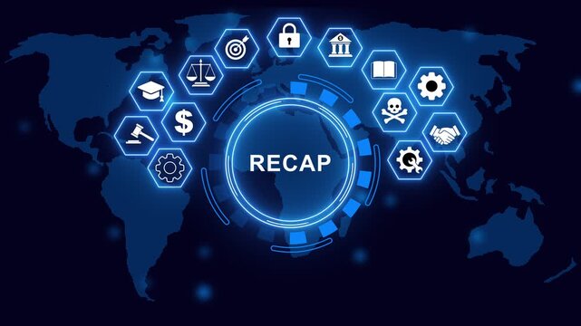 Recap economy, business, financial concept. Audit, risk management, security, finance and corporate governance on digital world map.