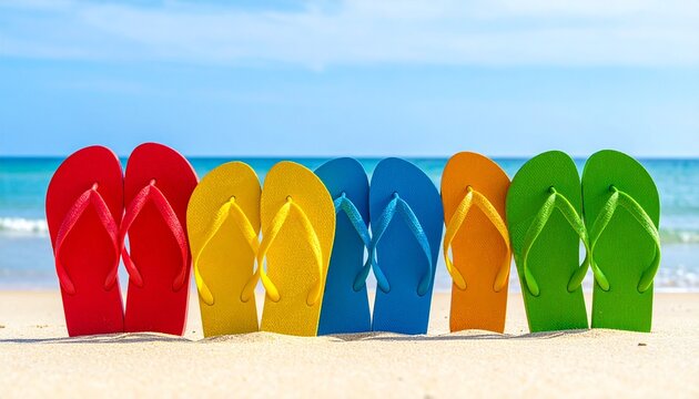 Row of Colorful Flip Flops on Tropical Beach Sand with Turquoise Ocean Background