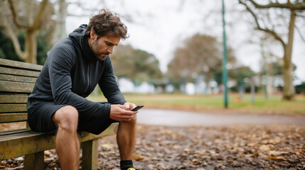 Fototapeta premium Person sitting on wooden bench checking phone outdoors, casual break in park with athletic equipment nearby, leaf litter and leafless trees surrounding area, reflective mood and co