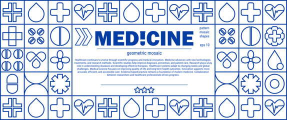 Fototapeta premium Minimal line medical banner with science mosaic and geometric hospital pattern.