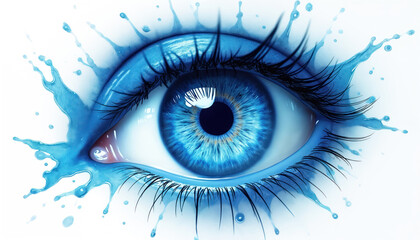 Fototapeta premium Detailed blue eye with watercolor splashes. Abstract creative artwork explores vision and perception with vibrant color and dynamic liquid textures.