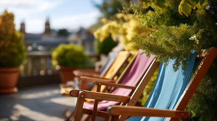 Obraz premium Row of wooden deck chairs with colorful fabric, stone terrace seating near lush shrubs and ivy, cozy outdoor relaxation spot in warm lighting, travel and leisure seasonal downtime 